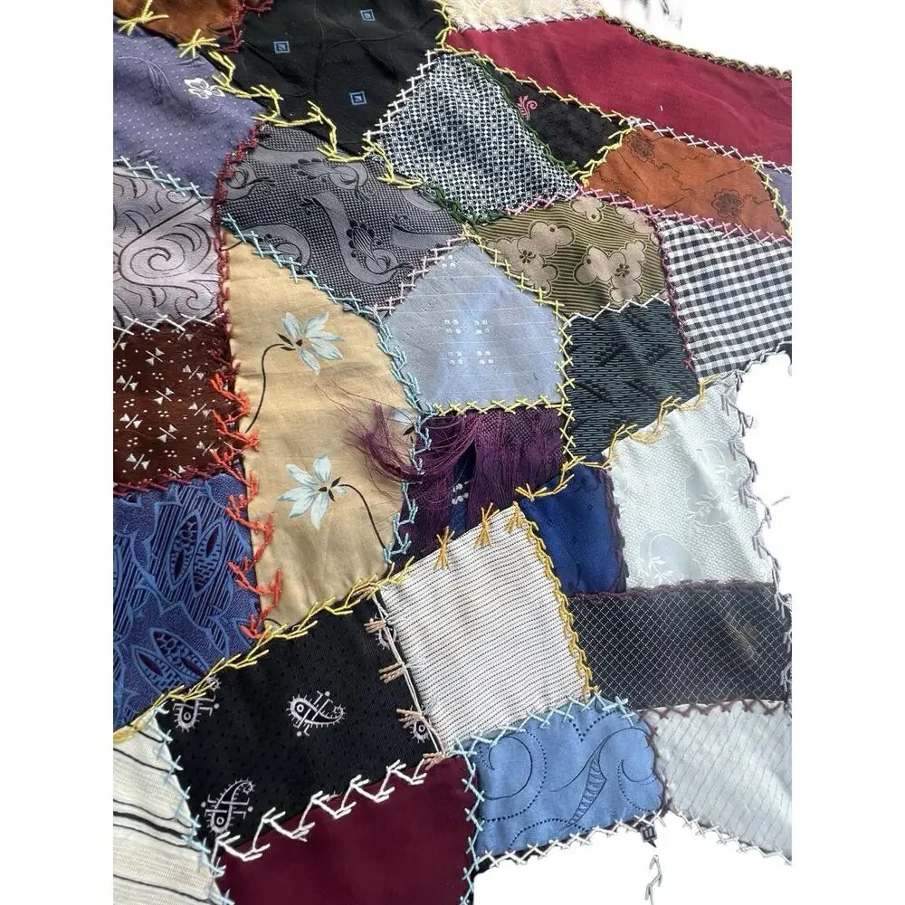Antique 1933 Crazy quilt Detailed Stitching 62
